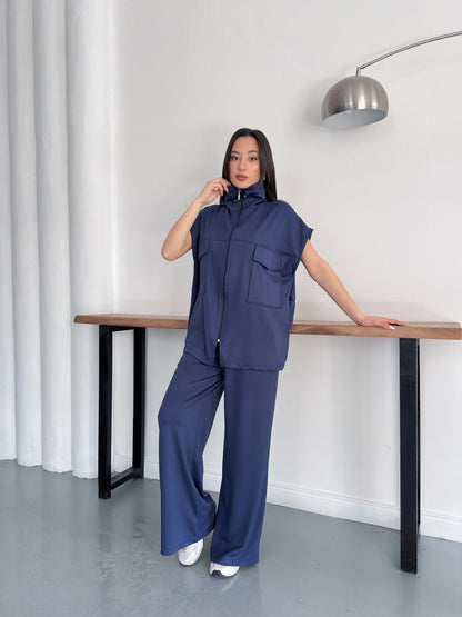 Fermuarlı Yelekli Geniş Paça Pantolon İkili Takım