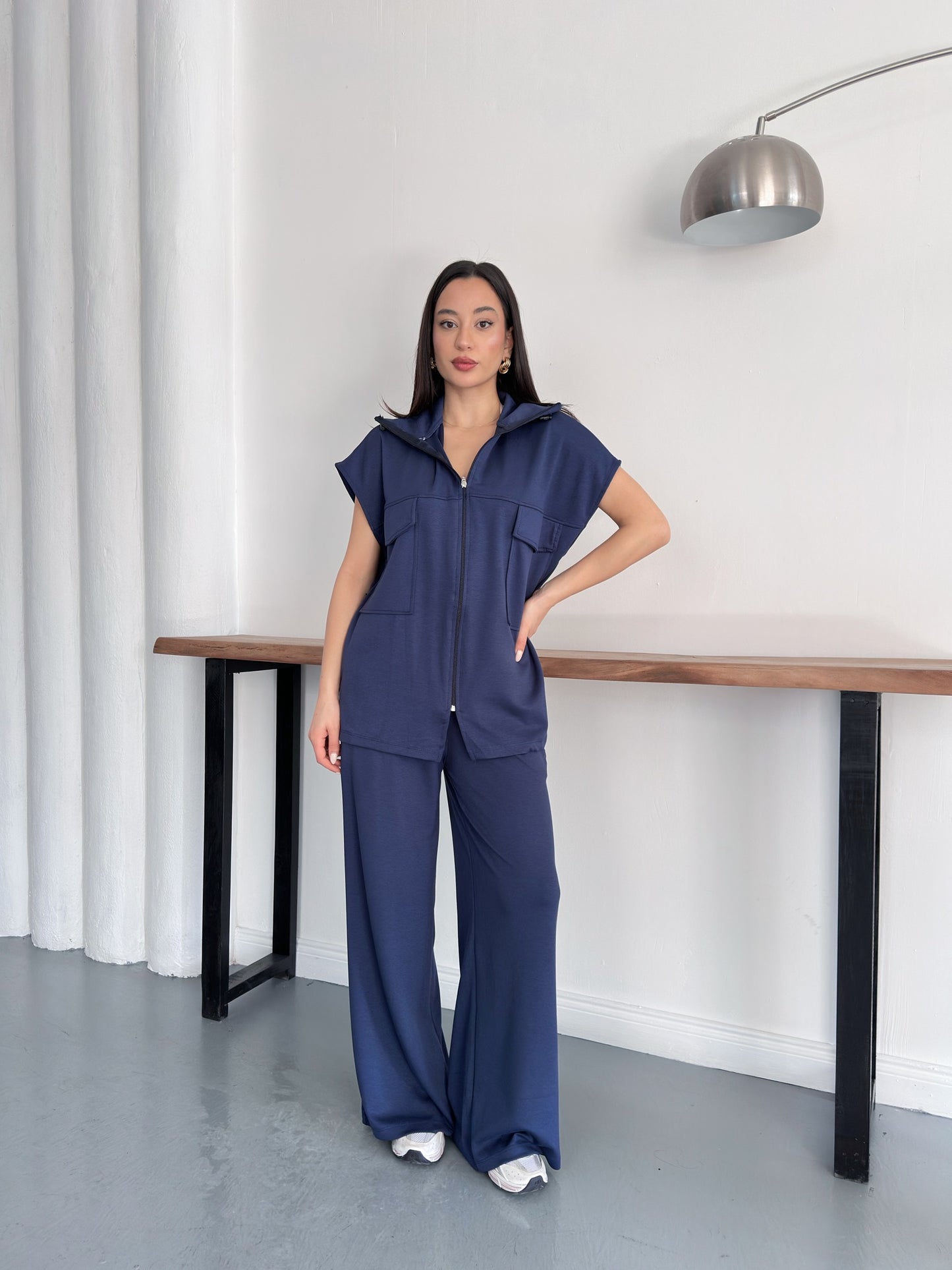 Fermuarlı Yelekli Geniş Paça Pantolon İkili Takım