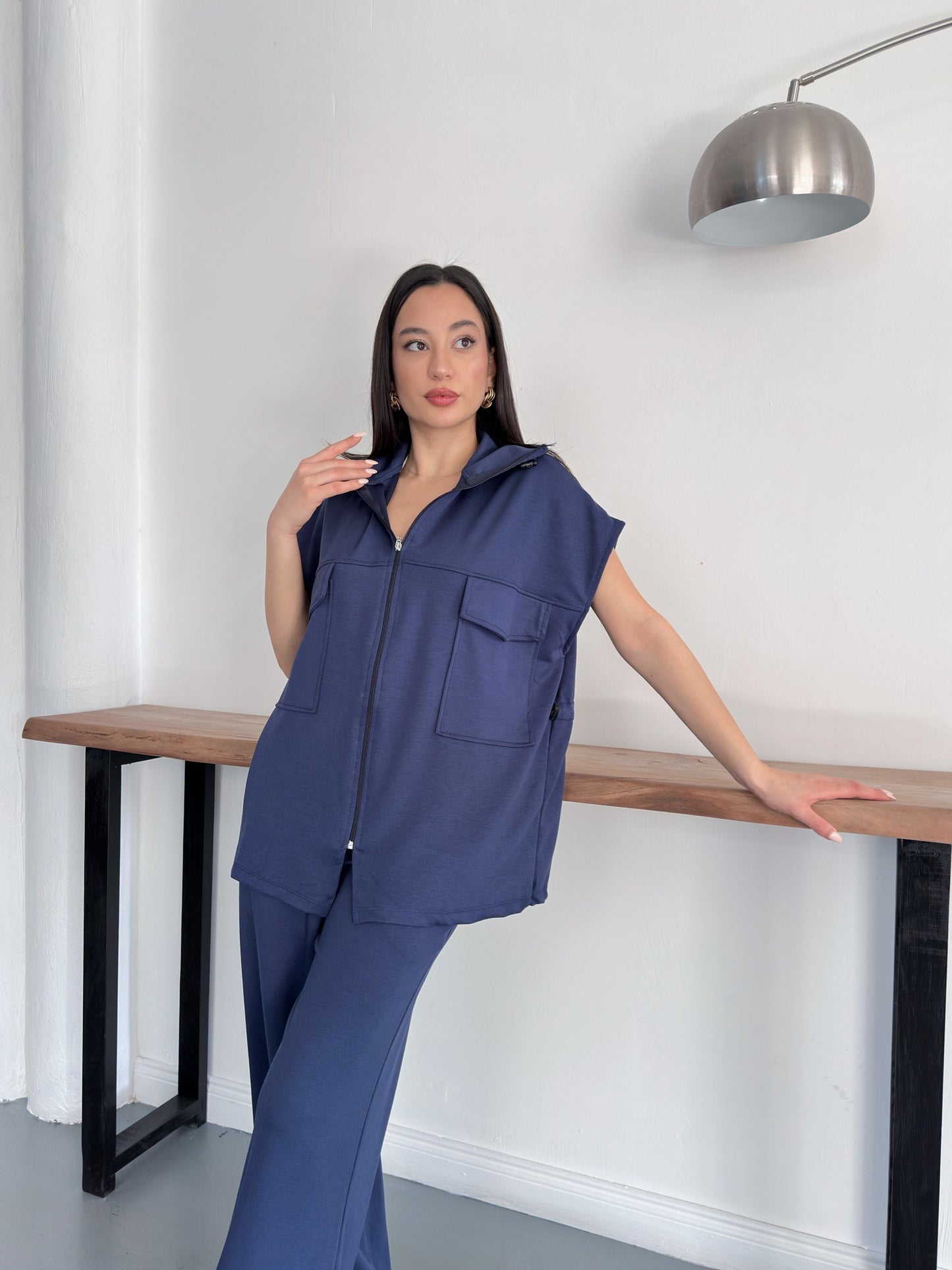 Fermuarlı Yelekli Geniş Paça Pantolon İkili Takım