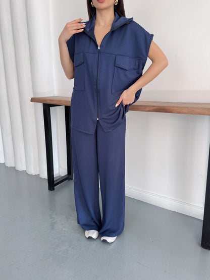 Fermuarlı Yelekli Geniş Paça Pantolon İkili Takım