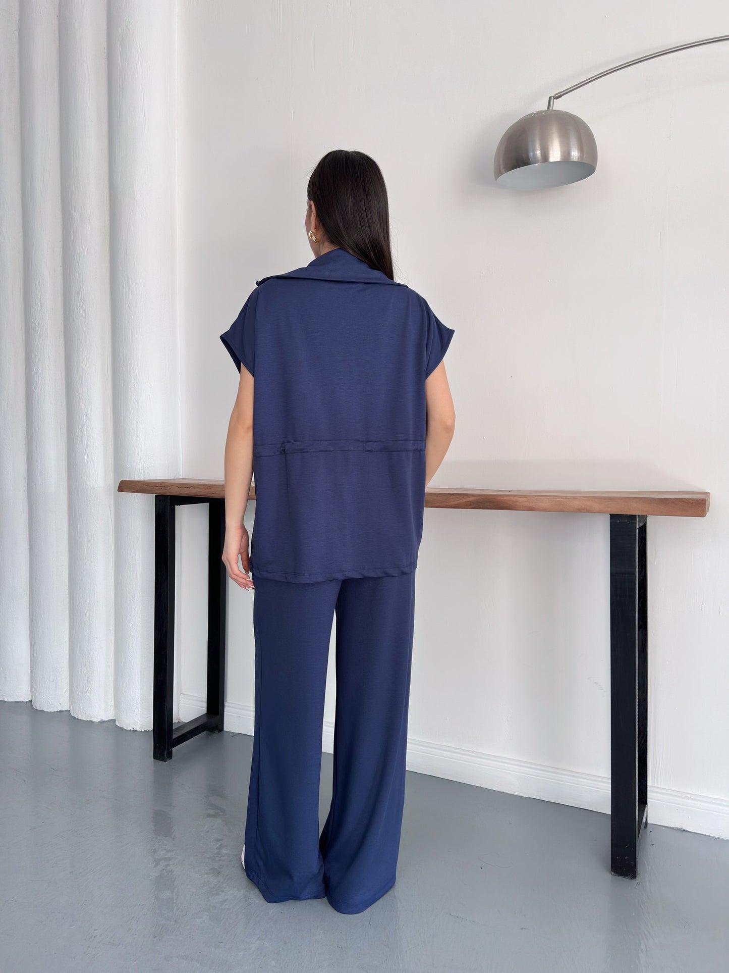 Fermuarlı Yelekli Geniş Paça Pantolon İkili Takım