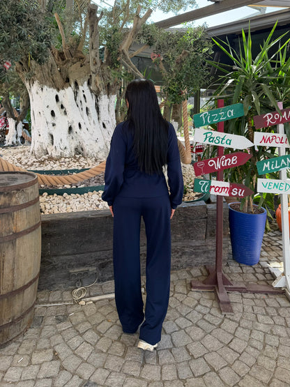 V Detaylı Fermuarlı Beli Büzgülü Bol Paça Pantolonlu İkili Takım