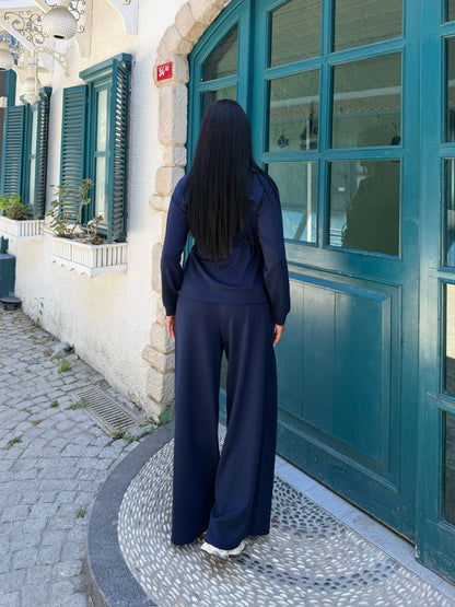 Polo Yaka Fermuarlı Beli Büzgülü Bol Paça Pantolonlu İkili Takım