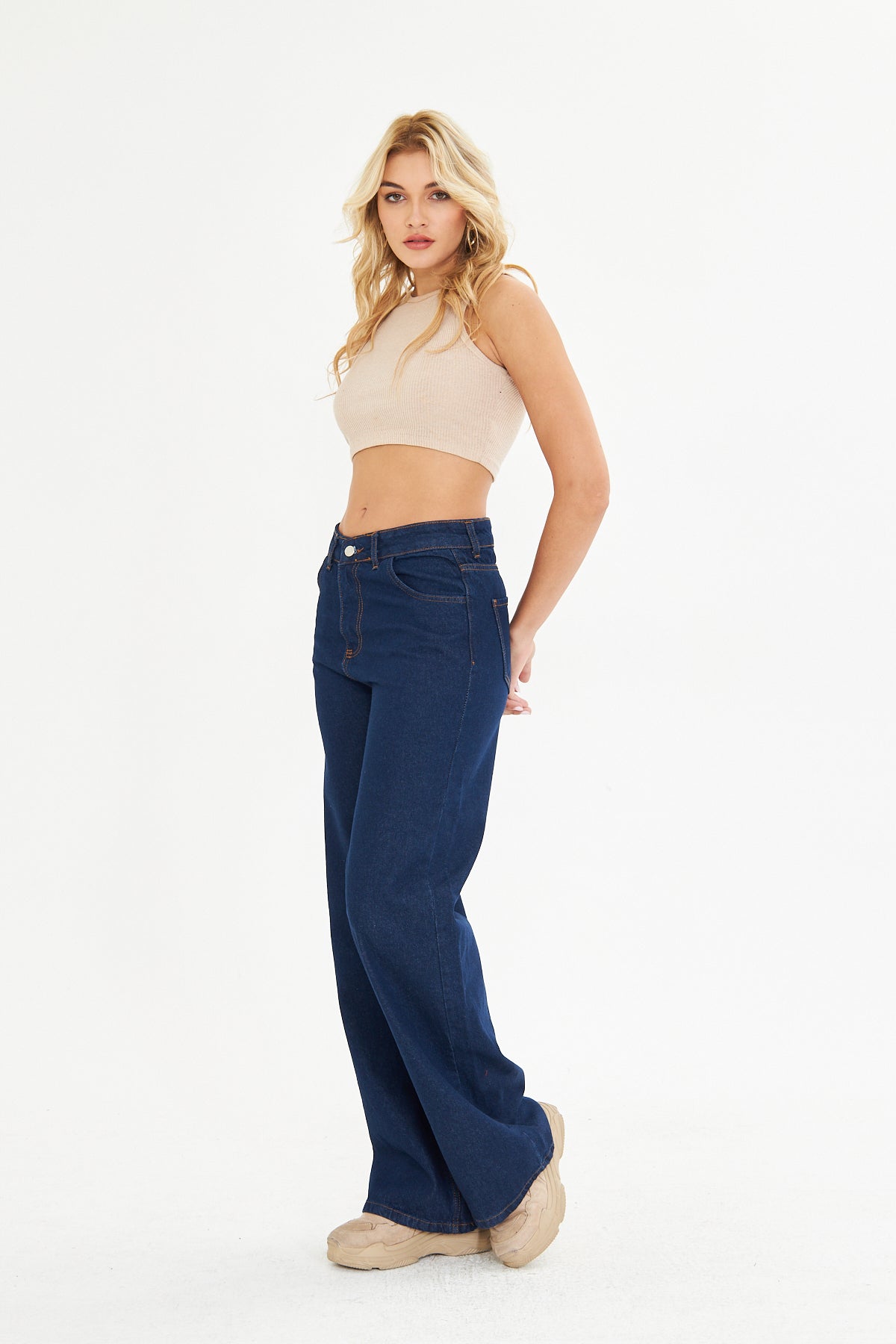 Lacivert Wide Leg Jean Pantolon