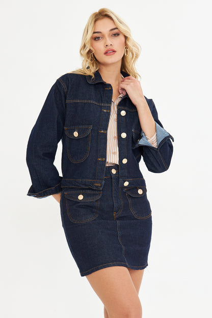 Lacivert Kot Denim Mini Etek