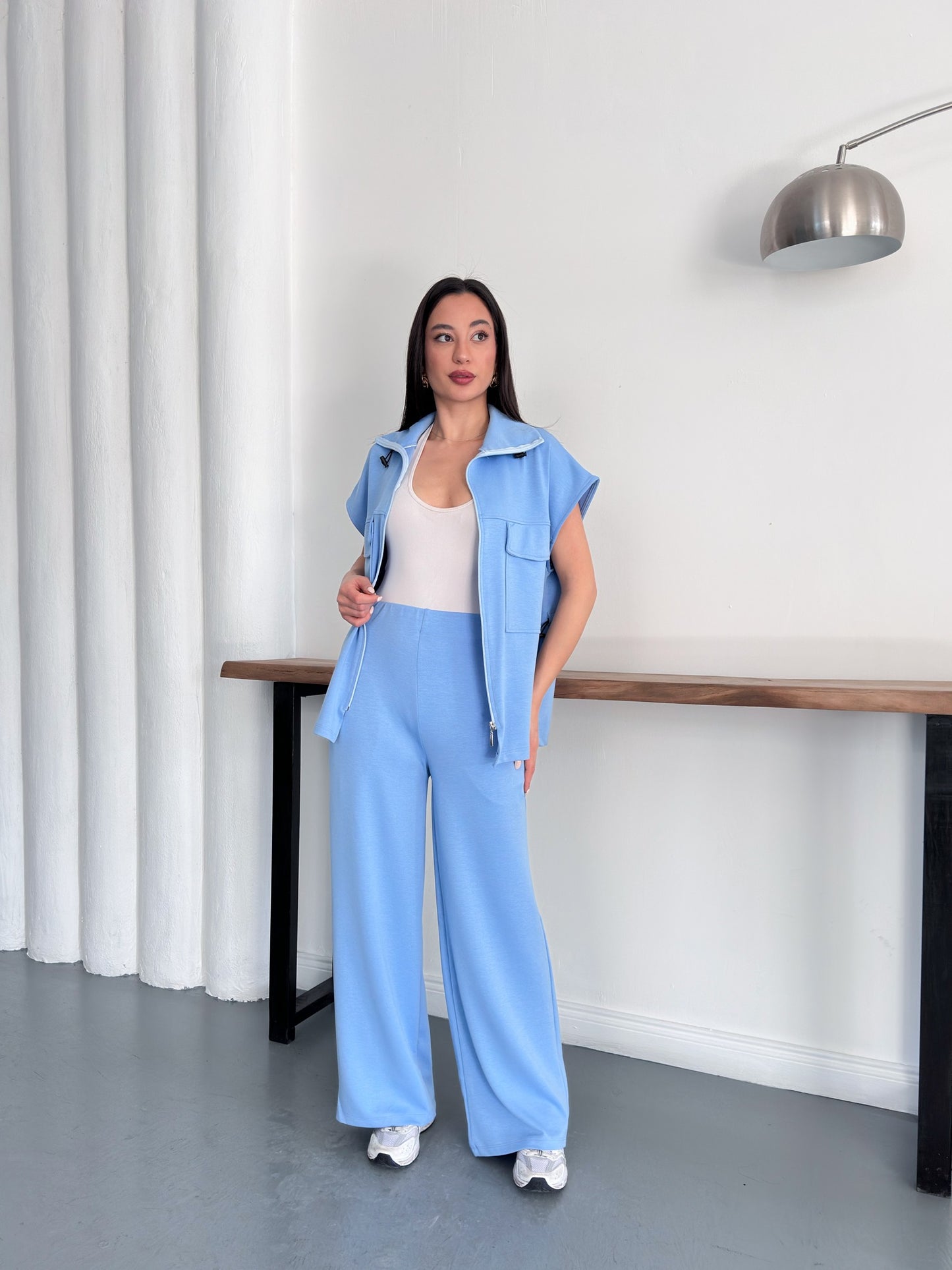 Fermuarlı Yelekli Geniş Paça Pantolon İkili Takım