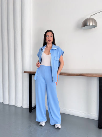 Fermuarlı Yelekli Geniş Paça Pantolon İkili Takım