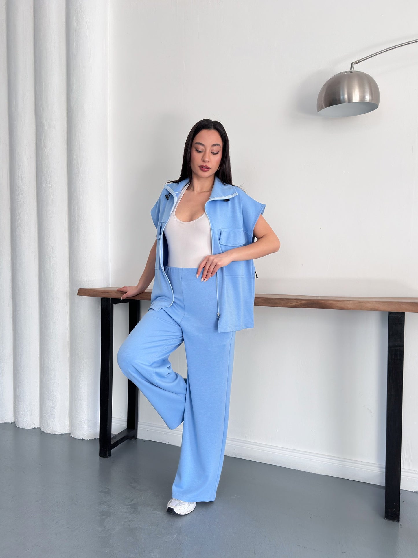 Fermuarlı Yelekli Geniş Paça Pantolon İkili Takım