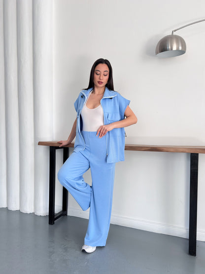 Fermuarlı Yelekli Geniş Paça Pantolon İkili Takım