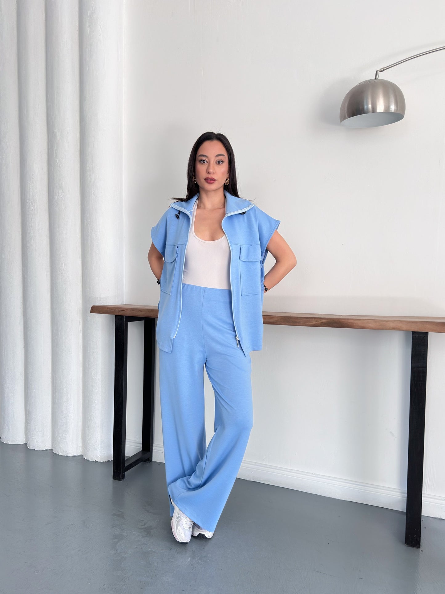 Fermuarlı Yelekli Geniş Paça Pantolon İkili Takım