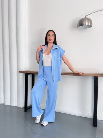 Fermuarlı Yelekli Geniş Paça Pantolon İkili Takım