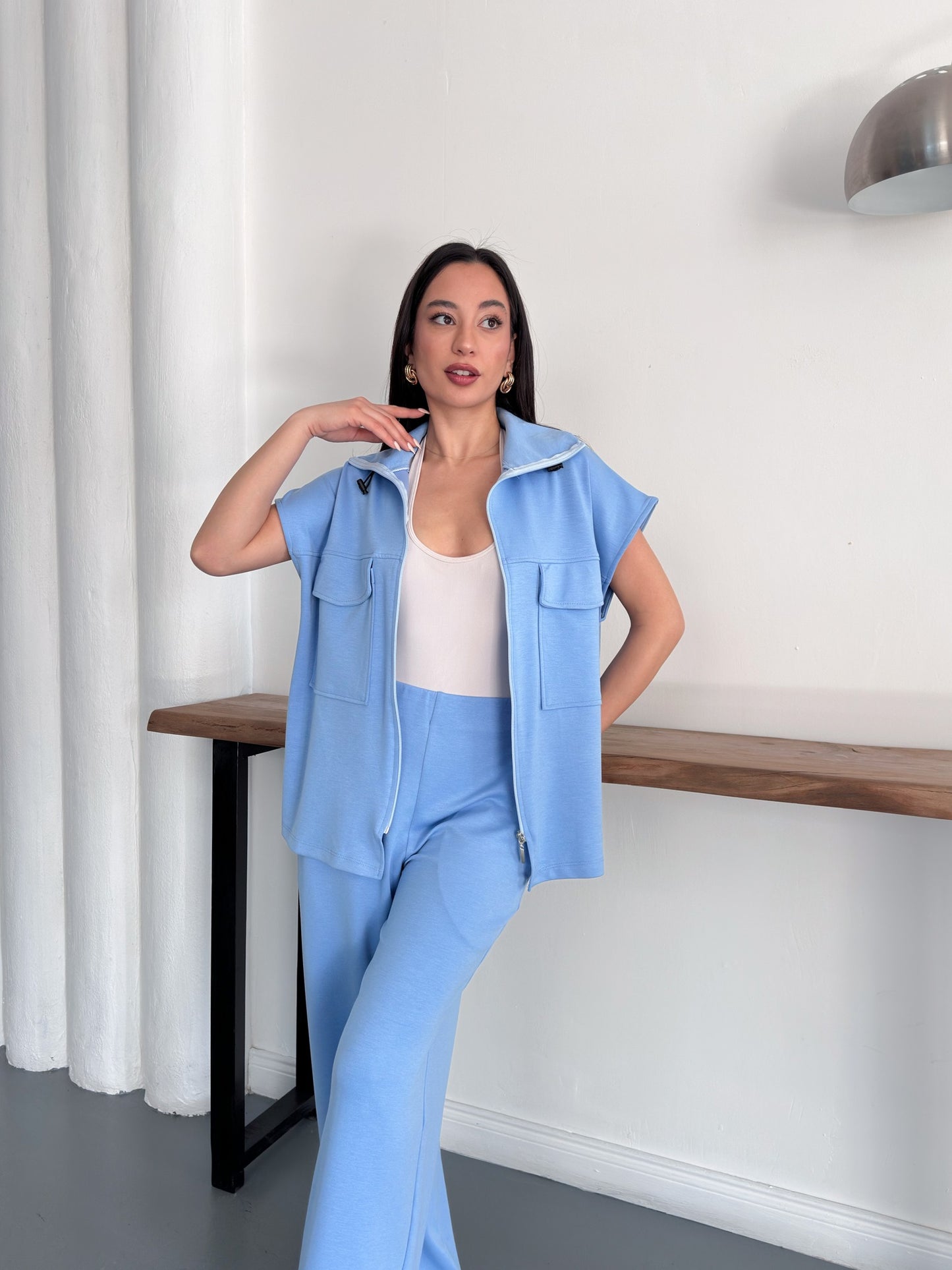 Fermuarlı Yelekli Geniş Paça Pantolon İkili Takım