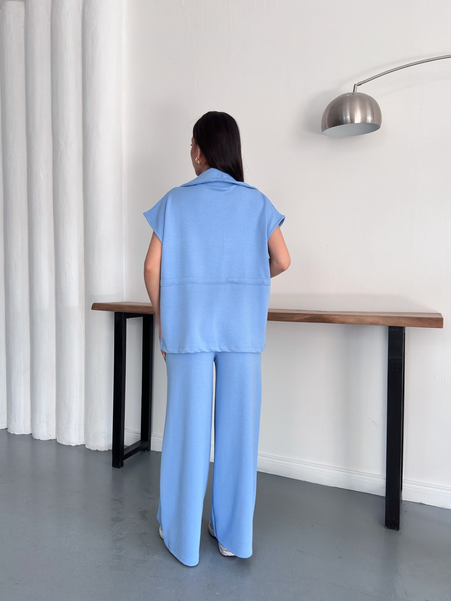 Fermuarlı Yelekli Geniş Paça Pantolon İkili Takım