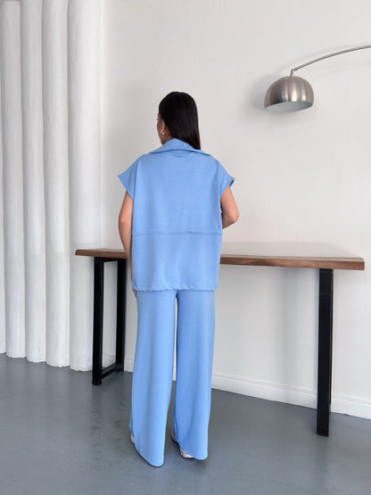 Fermuarlı Yelekli Geniş Paça Pantolon İkili Takım