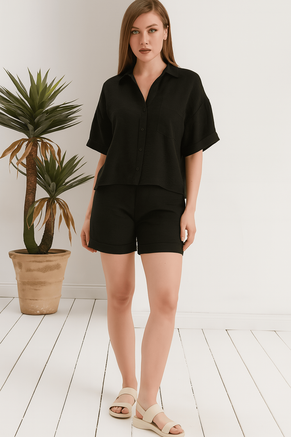 Keten Görünümlü Oversize Plaj Takımı