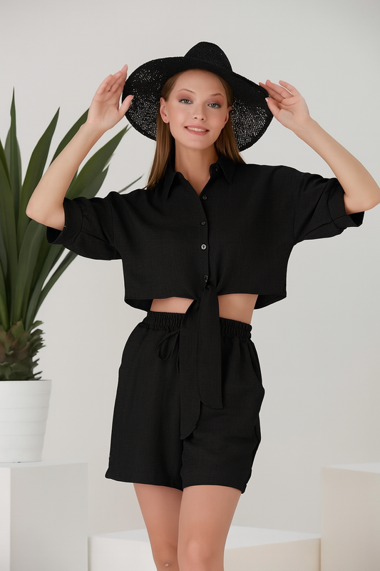 Keten Görünümlü Bağlamalı Oversize Plaj Takımı