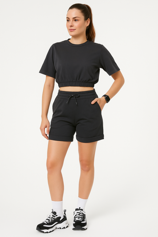 Spor Crop Tişört Şort Takım