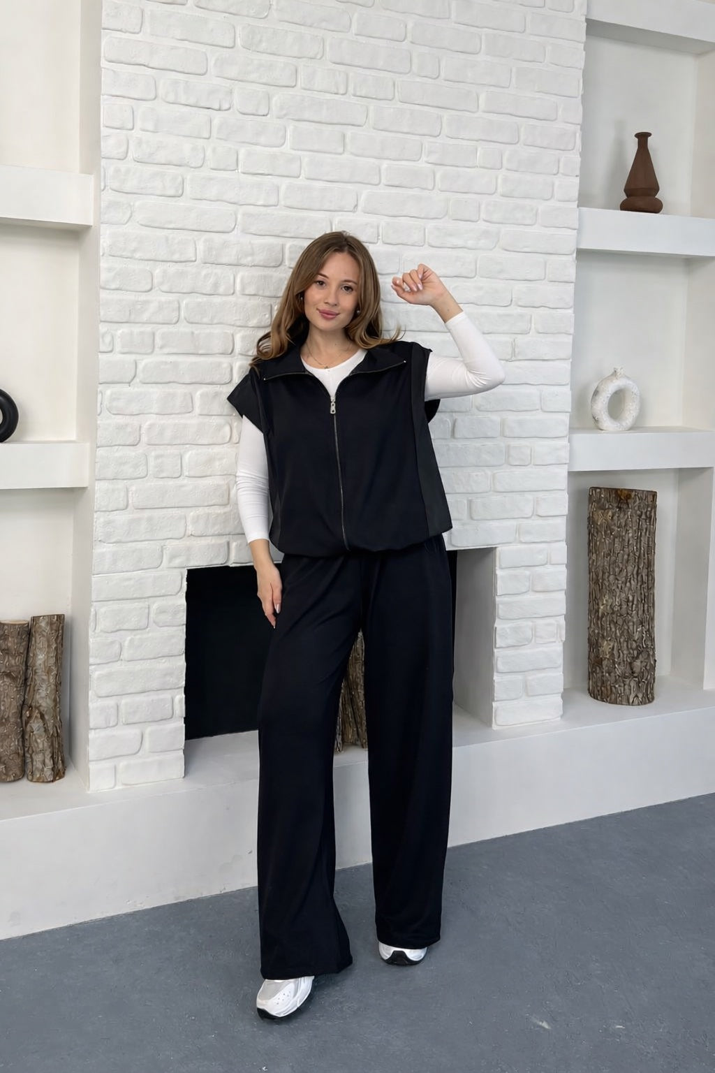 Paraşüt Kumaş Detaylı Yelekli Modal Alt Üst Şık Takım