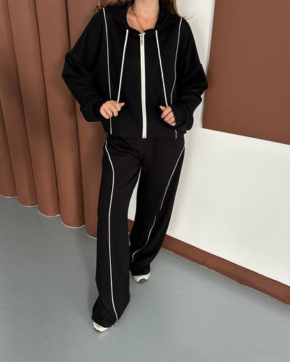 Şerit Detaylı Kapüşonlu Oversize Eşofman Takımı