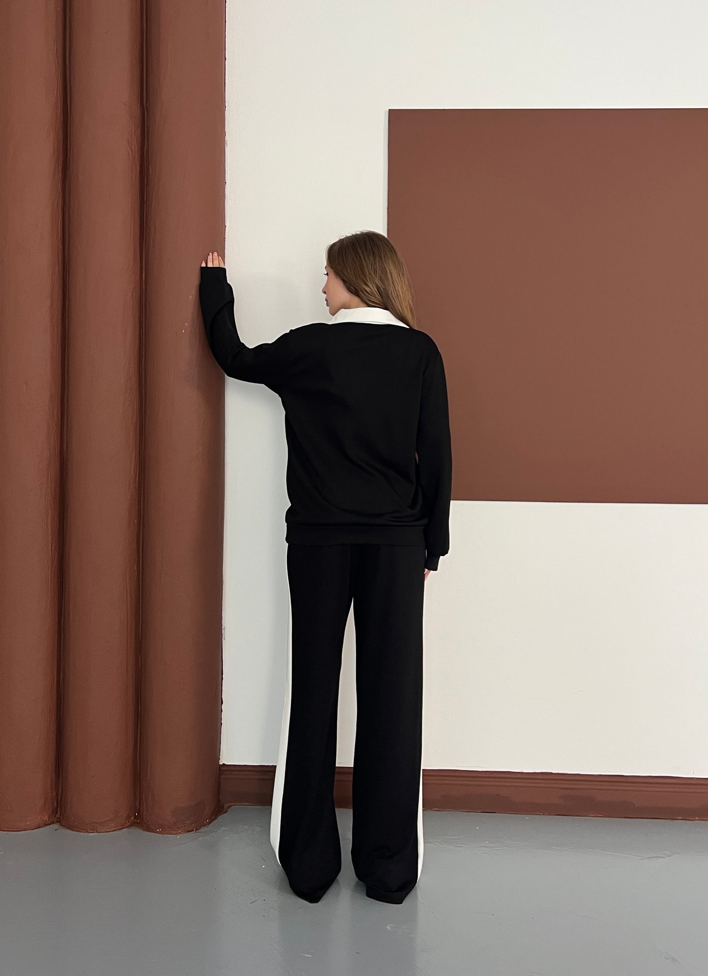 Polo Yaka Yumuşak Dokulu Şeritli Oversize İkili Takım