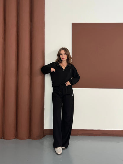 Nakışlı Yarım Fermuarlı Oversize Eşofman Takımı