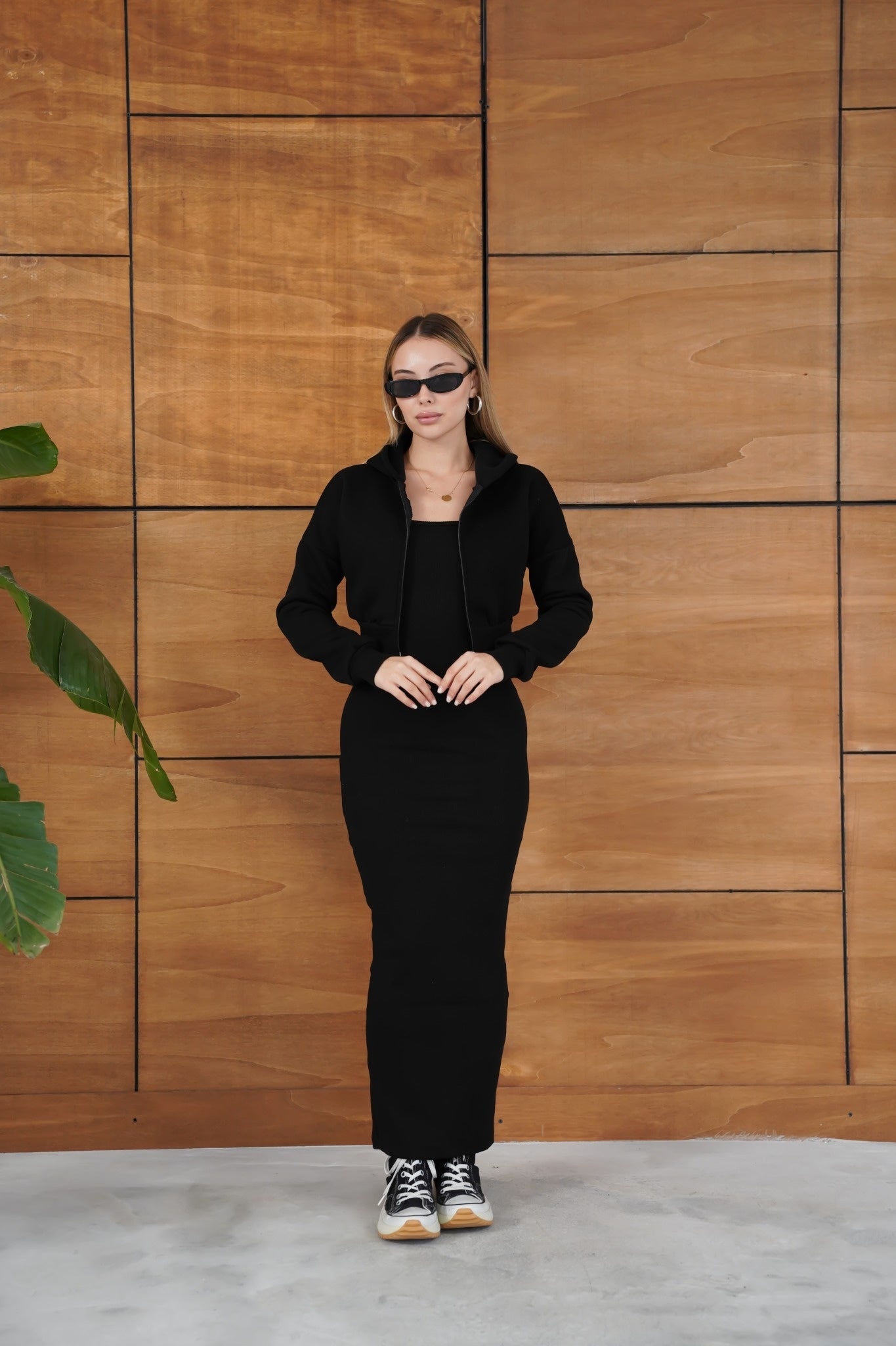 Kapüşonlu Crop Hırkalı Uzun Elbise İkili Takım