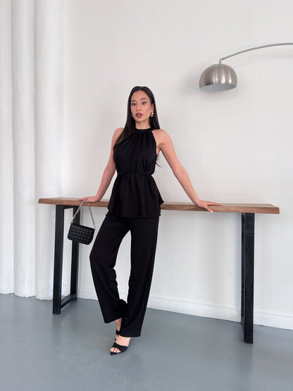 Halter Yaka Kuşaklı Bluz Pantolon İkili Takım