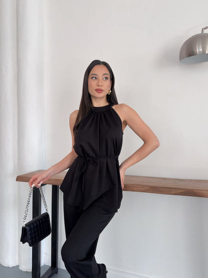 Halter Yaka Kuşaklı Bluz Pantolon İkili Takım