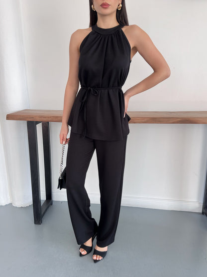 Halter Yaka Kuşaklı Bluz Pantolon İkili Takım