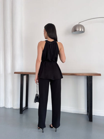 Halter Yaka Kuşaklı Bluz Pantolon İkili Takım