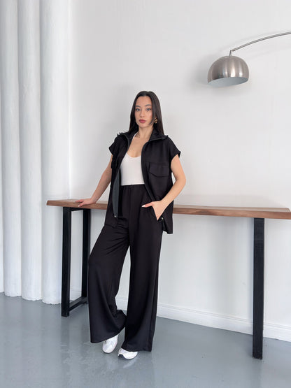 Fermuarlı Yelekli Geniş Paça Pantolon İkili Takım