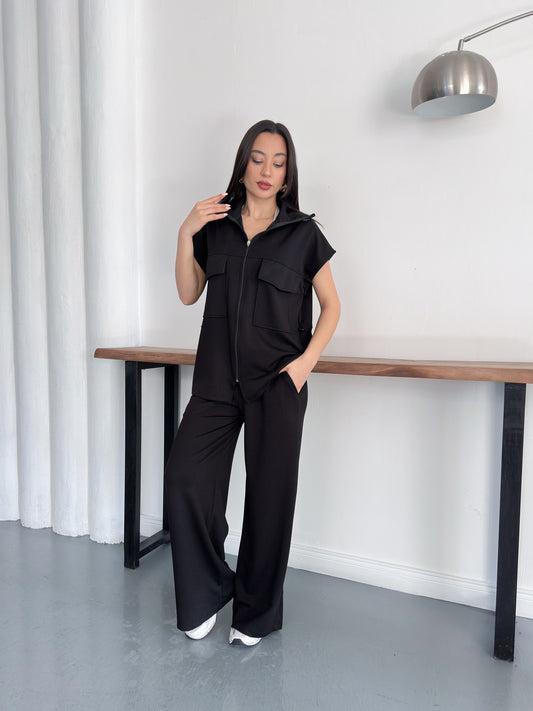 Fermuarlı Yelekli Geniş Paça Pantolon İkili Takım