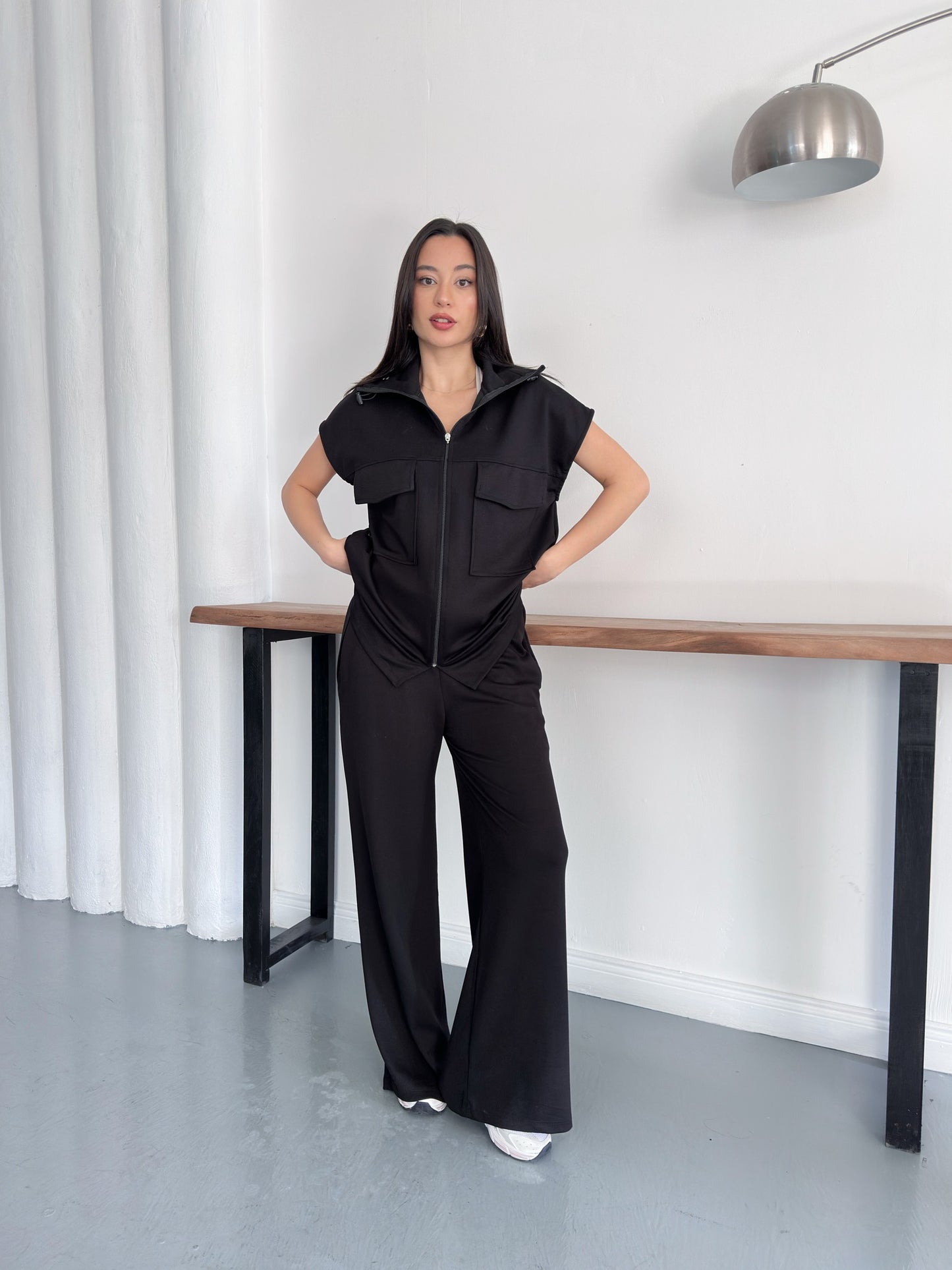 Fermuarlı Yelekli Geniş Paça Pantolon İkili Takım