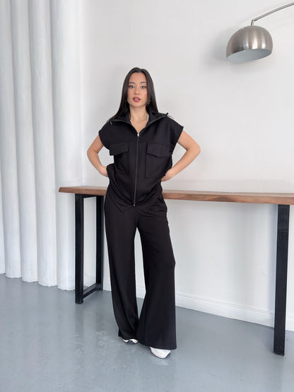 Fermuarlı Yelekli Geniş Paça Pantolon İkili Takım