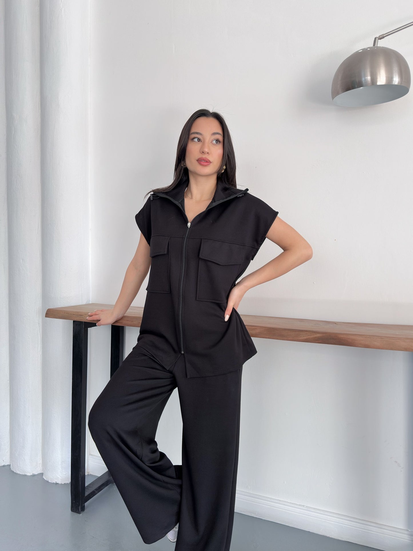 Fermuarlı Yelekli Geniş Paça Pantolon İkili Takım