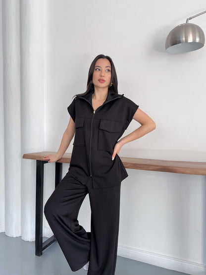 Fermuarlı Yelekli Geniş Paça Pantolon İkili Takım