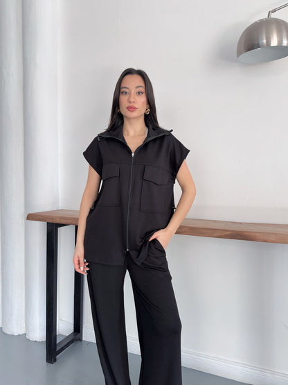 Fermuarlı Yelekli Geniş Paça Pantolon İkili Takım