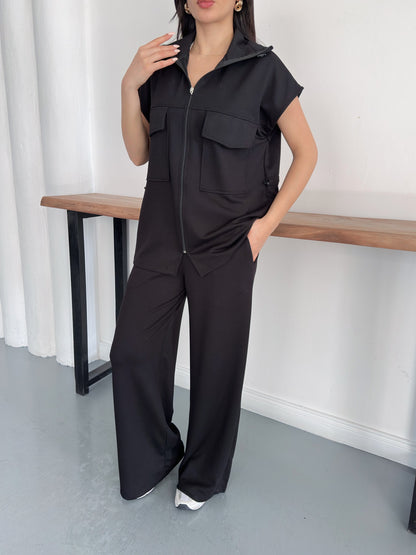 Fermuarlı Yelekli Geniş Paça Pantolon İkili Takım