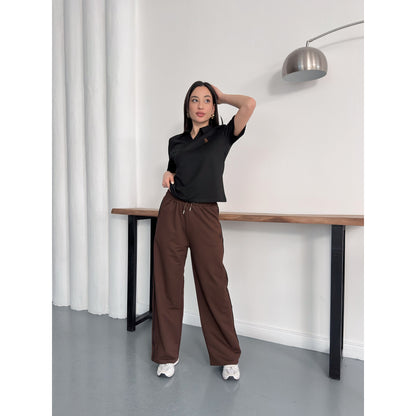 Polo Yaka Nakış Detaylı Geniş Paça Eşofman Takımı Rahat Kalıp Spor Takım