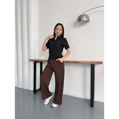 Polo Yaka Nakış Detaylı Geniş Paça Eşofman Takımı Rahat Kalıp Spor Takım