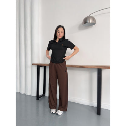 Polo Yaka Nakış Detaylı Geniş Paça Eşofman Takımı Rahat Kalıp Spor Takım