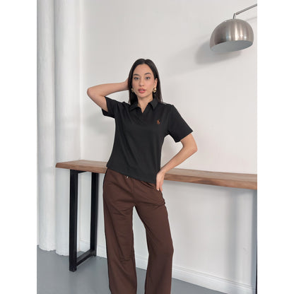 Polo Yaka Nakış Detaylı Geniş Paça Eşofman Takımı Rahat Kalıp Spor Takım