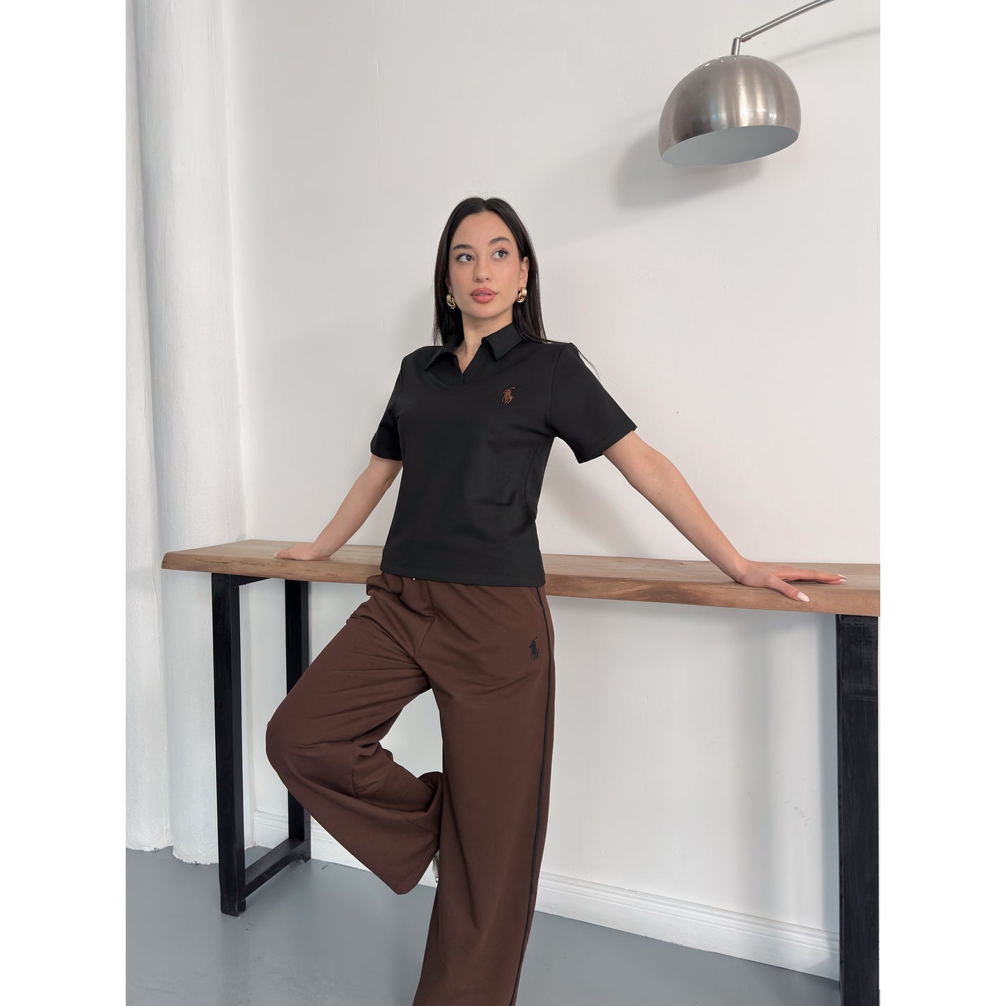 Polo Yaka Nakış Detaylı Geniş Paça Eşofman Takımı Rahat Kalıp Spor Takım