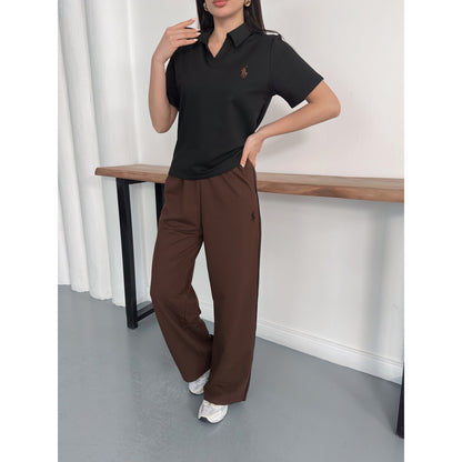Polo Yaka Nakış Detaylı Geniş Paça Eşofman Takımı Rahat Kalıp Spor Takım