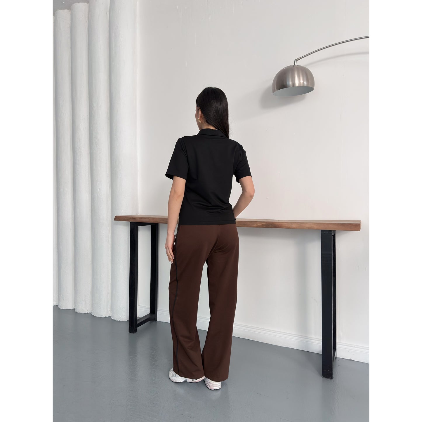 Polo Yaka Nakış Detaylı Geniş Paça Eşofman Takımı Rahat Kalıp Spor Takım