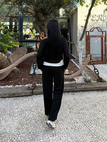 Tek Omuz Detaylı Bol Paça Pantolonlu 3 Parça Takım