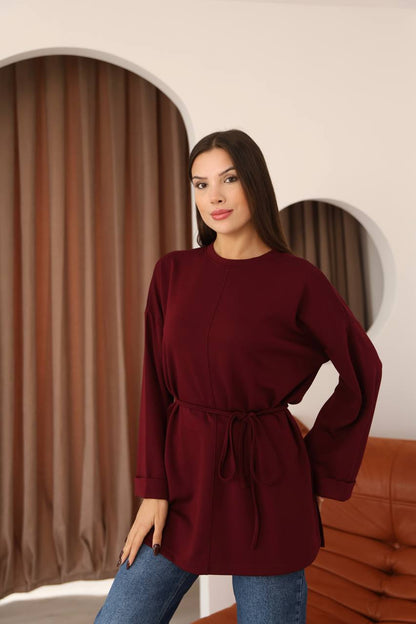 Kuşak Detaylı Dökümlü Modal Basic Tunik