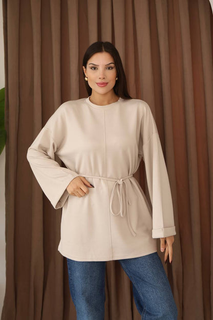 Kuşak Detaylı Dökümlü Modal Basic Tunik