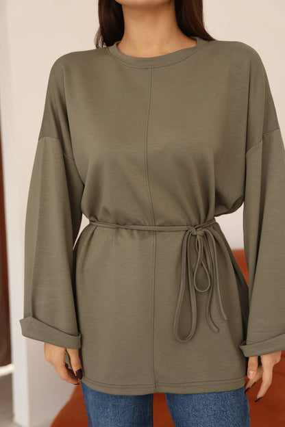Kuşak Detaylı Dökümlü Modal Basic Tunik