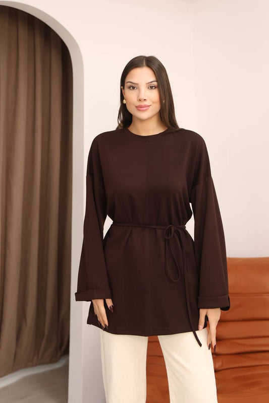 Kuşak Detaylı Dökümlü Modal Basic Tunik